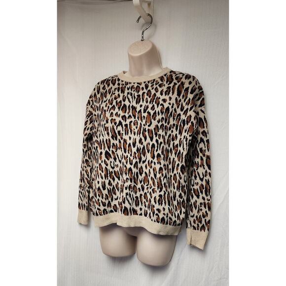 H&M Leopard Animal Print Round Neck Long Sleeve Brown Knit Sweater Size Small - Picture 3 of 8